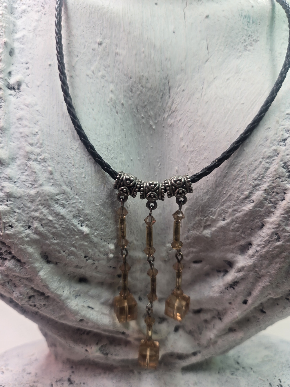 Women’s Black Braided Cord Necklace with Amber Bead Drops